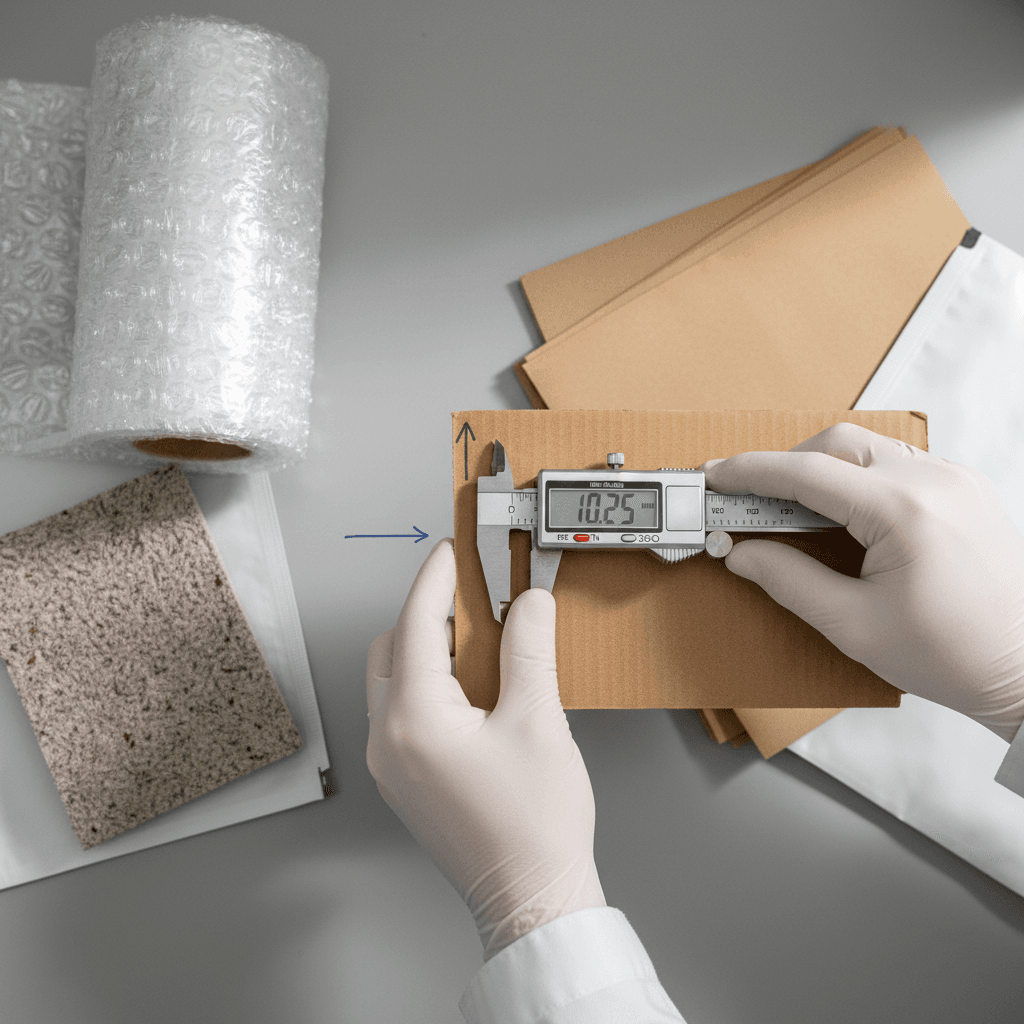 Packaging specialist reviewing material samples and cost data on clipboard