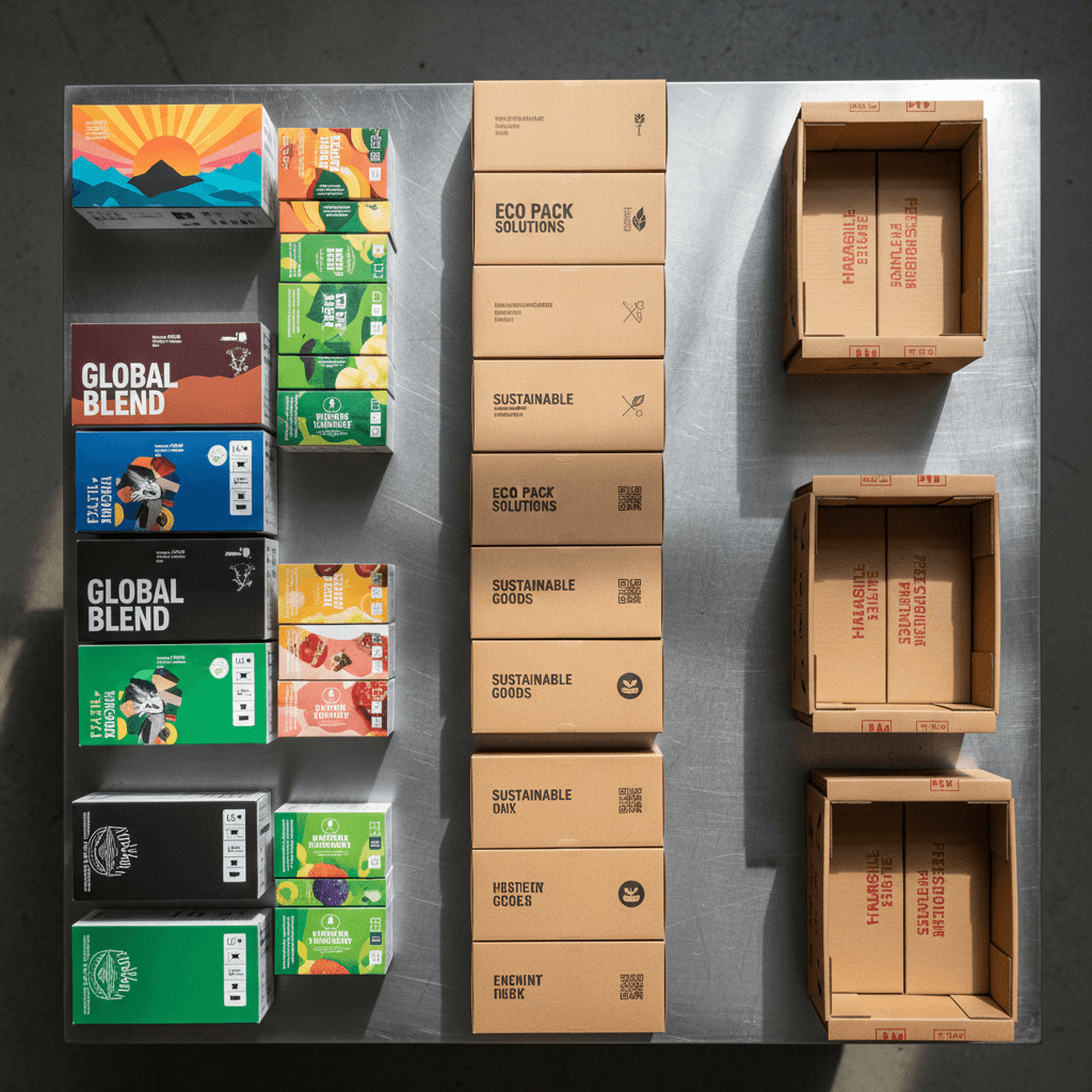 Overhead view of various printed and die-cut corrugated cartons with custom designs and vibrant graphics arranged on production table